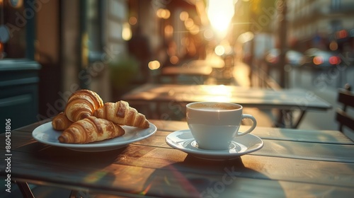 parisian breakfast with coffee and croissants on bistro terrace early morning ambiance photography