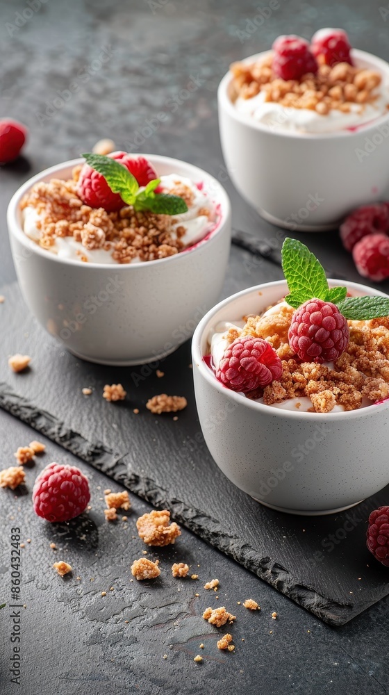 Delicious raspberry yogurt parfait in white bowls with granola and mint garnishes on slate background. Delicious raspberry yogurt parfait in white bowls with granola and mint garnishes on slate background.