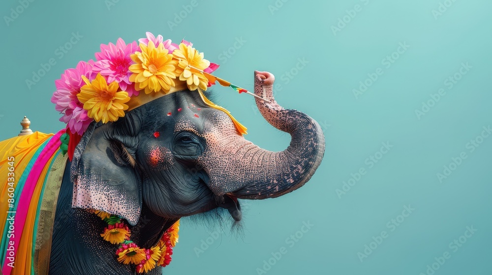 Obraz premium Colorful decorated elephant with vibrant flowers and rainbow ribbons against a bright blue background, celebrating culture and festivity.