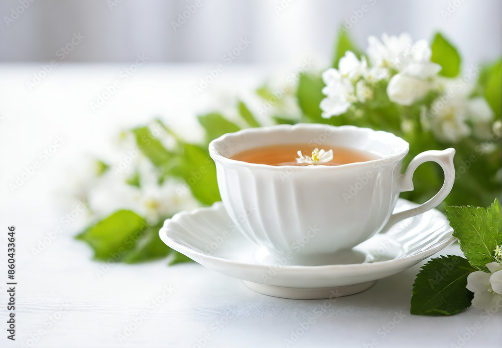 Porcelain tea cup on a white table with spring flowers Porcelain tea cup on a white table with spring flowers