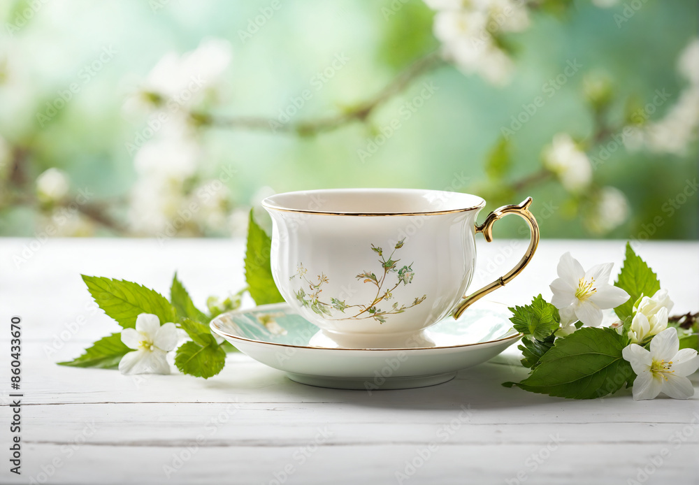 Porcelain teacup with golden trim on white table with spring blossoms Porcelain teacup with golden trim on white table with spring blossoms