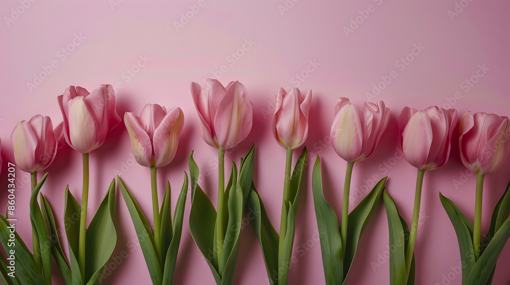 Fototapeta premium Pink tulips flowers on pink background Waiting for spring Happy Easter card Flat lay : Generative AI