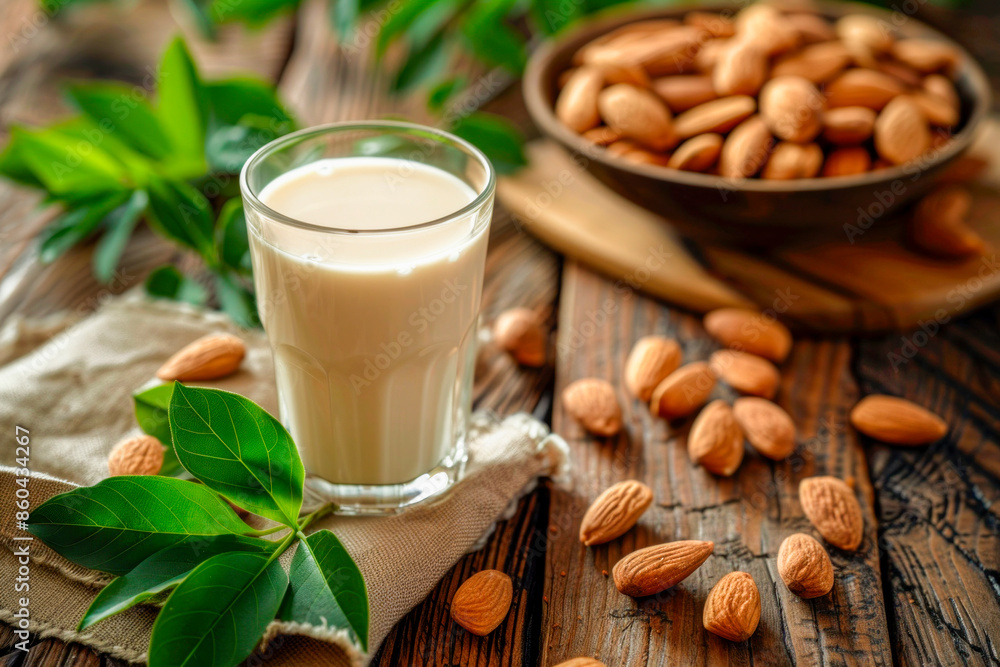 Almond milk with handful of whole almonds and leaves on wood board. Almond milk with handful of whole almonds and leaves on wood board.