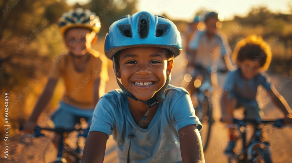 Group of happy children riding bicycles on a sunny day, smiling and enjoying outdoor activity together. Group of happy children riding bicycles on a sunny day, smiling and enjoying outdoor activity together.