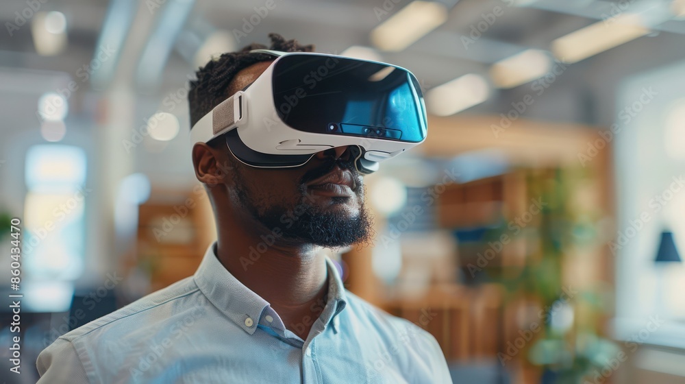 Man using VR headset in modern office setting, experiencing virtual reality technology for immersive and innovative work solutions. Man using VR headset in modern office setting, experiencing virtual reality technology for immersive and innovative work solutions.