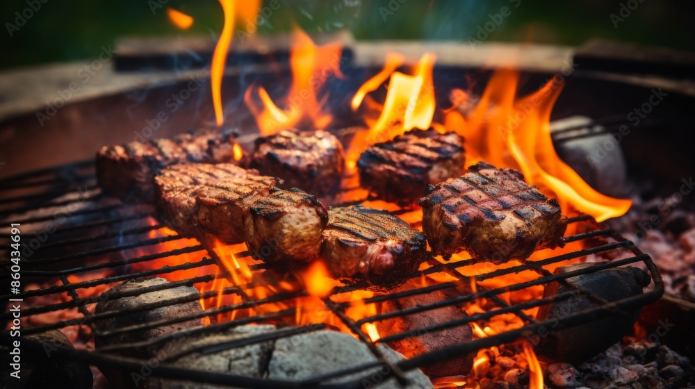 Pork chops being grilled on an open fire with bright flames, showcasing the warmth and thrill of a summer barbecue filled with deliciously cooked meat. Pork chops being grilled on an open fire with bright flames, showcasing the warmth and thrill of a summer barbecue filled with deliciously cooked meat.