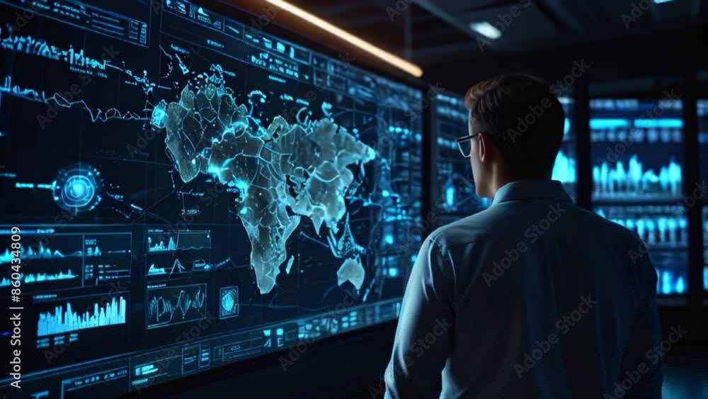 A person is standing in front of a large screen with a map of the world on it. The person is wearing a suit and has their hands on their hips. The screen is filled with data and information. A person is standing in front of a large screen with a map of the world on it. The person is wearing a suit and has their hands on their hips. The screen is filled with data and information.