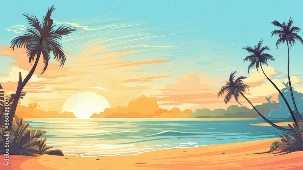 This captivating image captures a stunning sunset over a tropical beach, with silhouetted palm trees and calm waters, creating a tranquil and picturesque moment in nature. This captivating image captures a stunning sunset over a tropical beach, with silhouetted palm trees and calm waters, creating a tranquil and picturesque moment in nature.
