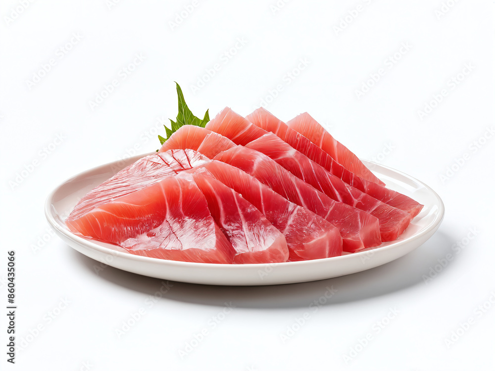 Freshly sliced tuna sashimi with ice and green leaf garnish Freshly sliced tuna sashimi with ice and green leaf garnish