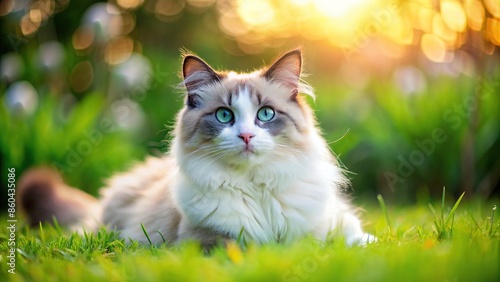 Ragdoll cat relaxing on green grass, Ragdoll, cat, feline, pet, fluffy, cute, domestic, animal, grass, lawn, green, relaxation © Sanook