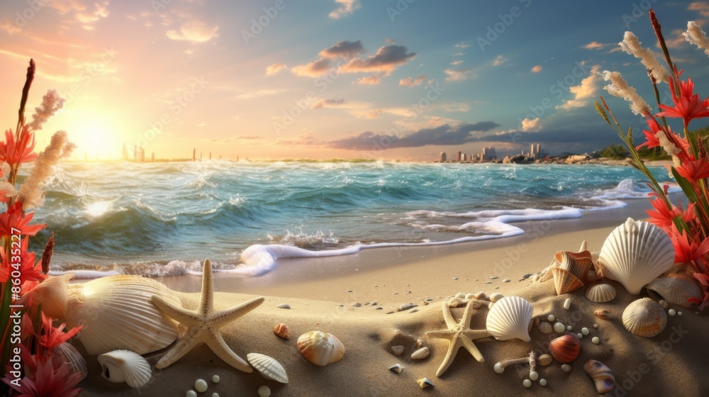 A picturesque beach scene at sunset with seashells, starfish, and red flowers in the foreground while waves crash against the shore with the city skyline in the distance.