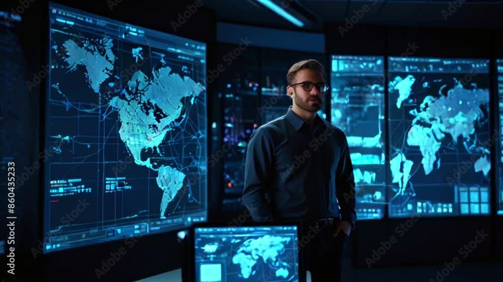A man is standing in a dark room in front of several blue screens that display world maps and other data. A man is standing in a dark room in front of several blue screens that display world maps and other data.