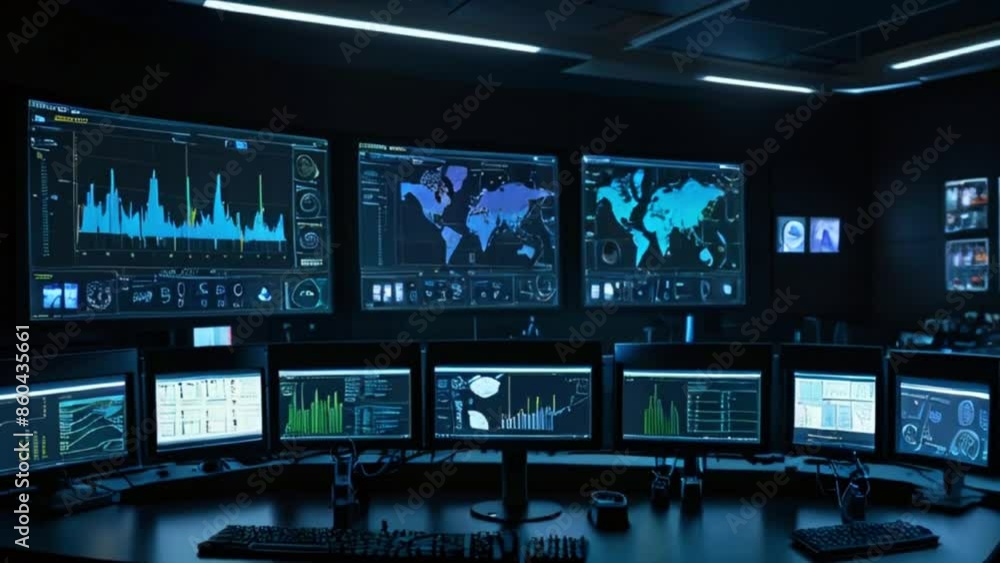 A dark room with many computer screens showing graphs, maps, and lines of code. A dark room with many computer screens showing graphs, maps, and lines of code.