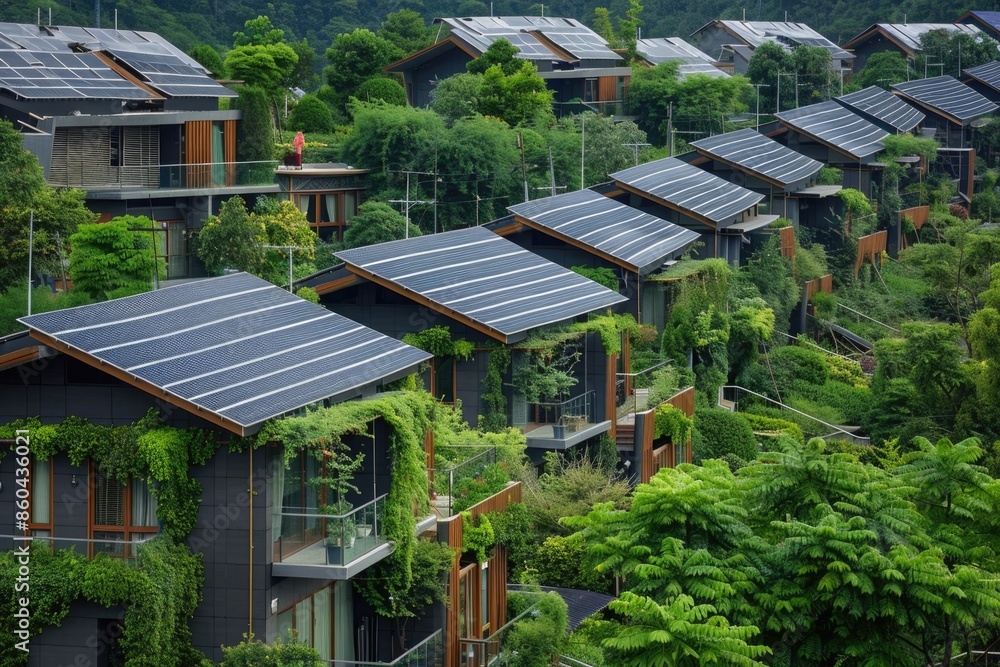 A row of houses with green roofs and gardens A row of houses with green roofs and gardens