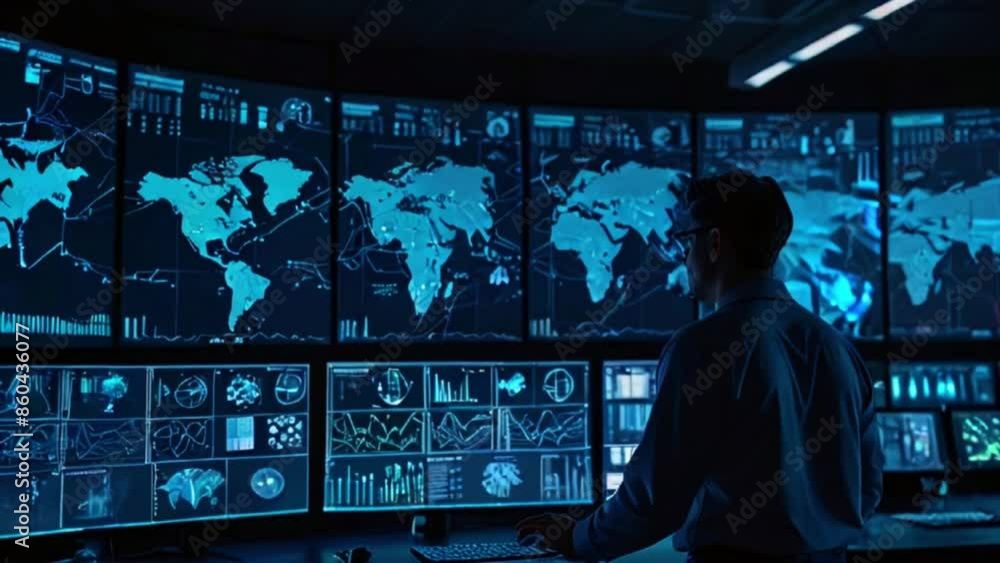 A person is standing in front of a large video wall with a map of the world and other data. A person is standing in front of a large video wall with a map of the world and other data.