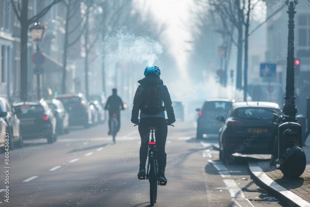 A person on a bicycle is riding down a street with cars and other vehicles A person on a bicycle is riding down a street with cars and other vehicles