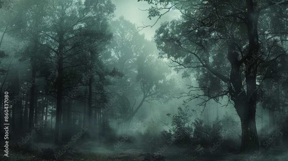 A forest with foggy trees and a misty atmosphere generated by AI A forest with foggy trees and a misty atmosphere generated by AI