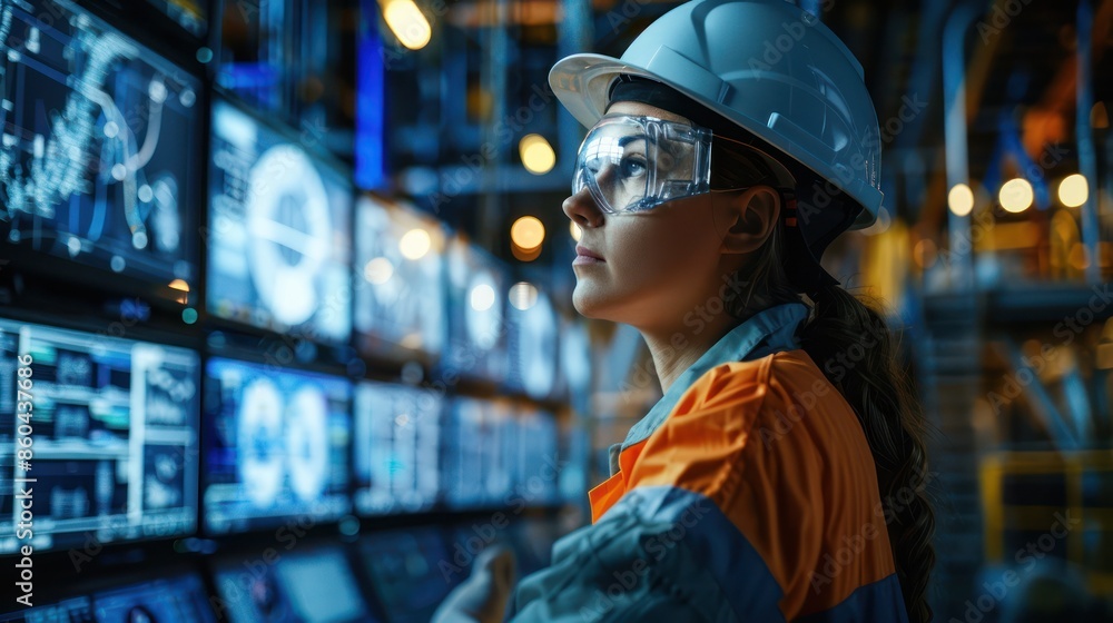 A female engineer in a hard hat and safety glasses, analyzing data on multiple monitors in a futuristic control room. A female engineer in a hard hat and safety glasses, analyzing data on multiple monitors in a futuristic control room.