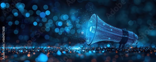 Blue abstract digital megaphone on shimmering bokeh background, representing communication, technology, and digital marketing.