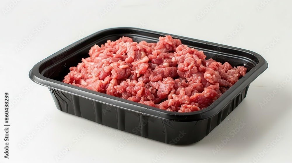 raw minced meat in black plastic tray on white background food photography raw minced meat in black plastic tray on white background food photography
