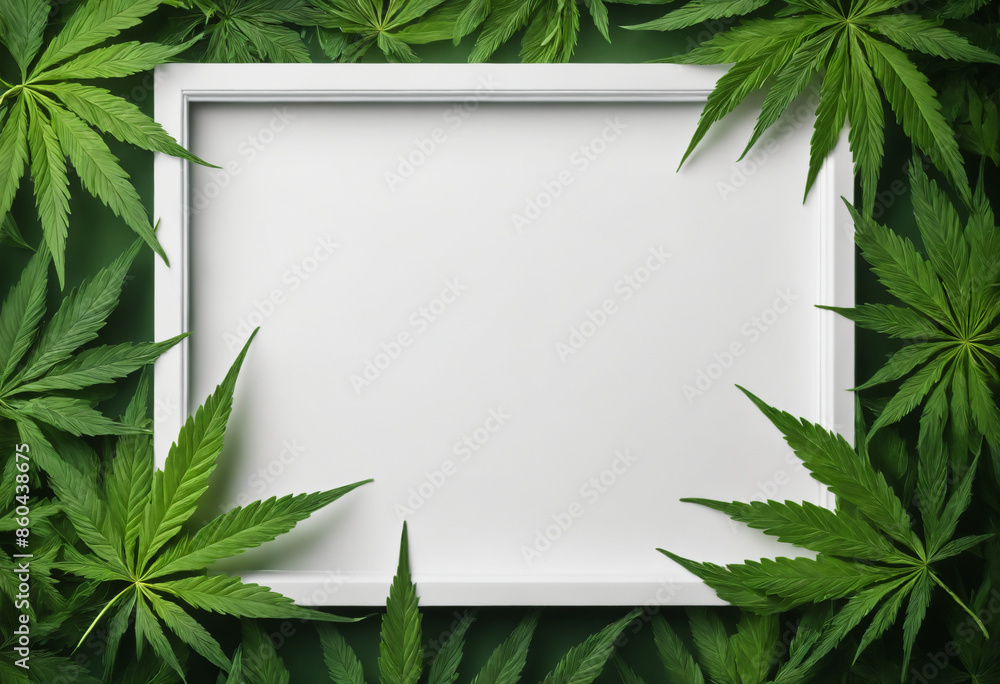 White frame surrounded by green marijuana leaves White frame surrounded by green marijuana leaves