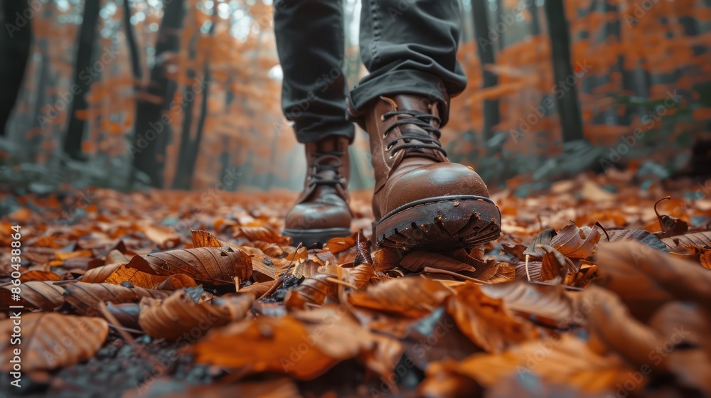 Close-up of a person hiking in an autumn forest, showing boots and fallen leaves. Capturing the beauty of fall and outdoor adventure. Close-up of a person hiking in an autumn forest, showing boots and fallen leaves. Capturing the beauty of fall and outdoor adventure.