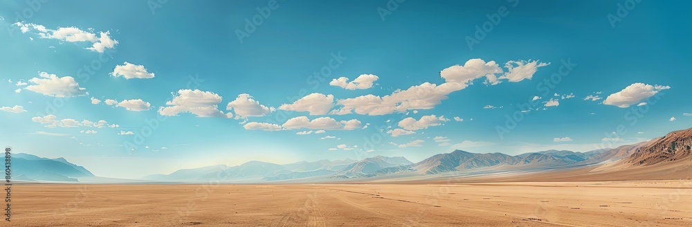 Panoramic View of a Vast Desert with Mountains and Blue Sky Panoramic View of a Vast Desert with Mountains and Blue Sky
