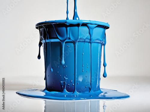 Blue paint dripping from overfilled bucket on white background