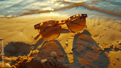 Wallpaper Mural An inviting image showing tortoiseshell sunglasses on a sandy beach, reflecting the warm sunlight and offering a sense of calm and relaxation. Perfect for travel or fashion projects. Torontodigital.ca