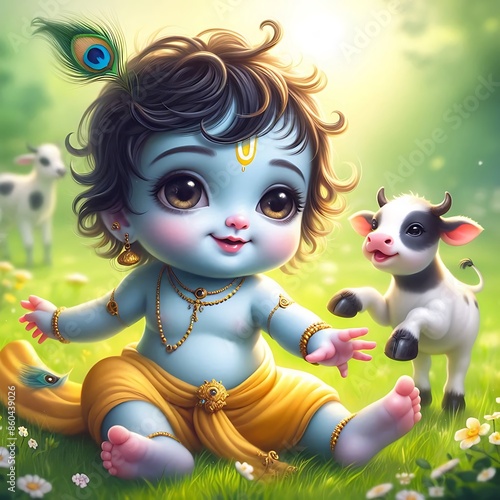 Cute little lord Krishna  playing with little cow