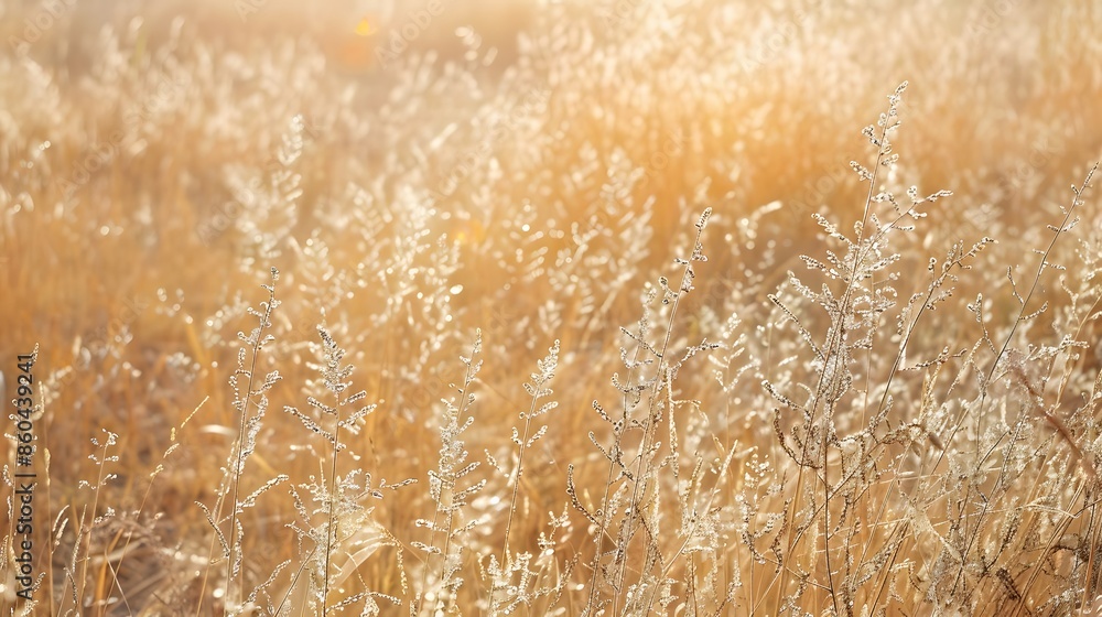 Fototapeta premium Dry grass field bathed in summer sunlight. Concept of warm, natural scenery.
