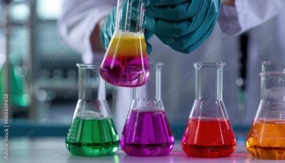 A scientist is holding a beaker with a yellow liquid in it A scientist is holding a beaker with a yellow liquid in it