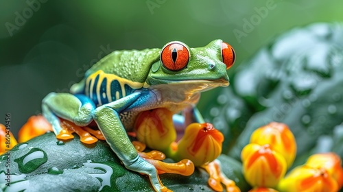 A vibrant green frog with red eyes sits on a leaf surrounded by orange flowers. photo