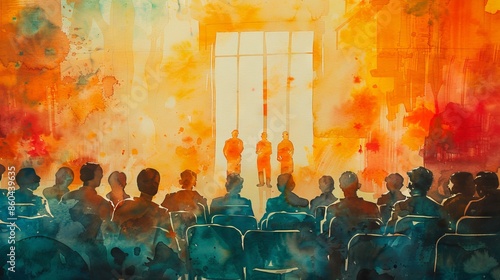 The watercolor painting shows a group of people sitting in a theater watching three people on stage.