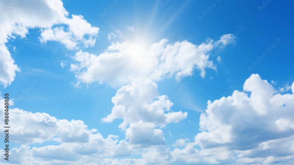 This image features a clear, bright blue sky dotted with fluffy white clouds and a radiant sun shining down, creating a serene and peaceful atmosphere. This image features a clear, bright blue sky dotted with fluffy white clouds and a radiant sun shining down, creating a serene and peaceful atmosphere.