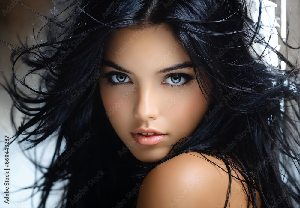 Fototapeta premium Woman with long black hair posing behind black reflective surface