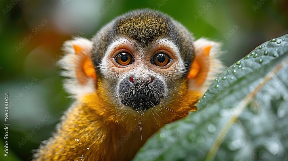 Squirrel monkey with big eyes looking curiously at the camera in the rainforest Squirrel monkey with big eyes looking curiously at the camera in the rainforest