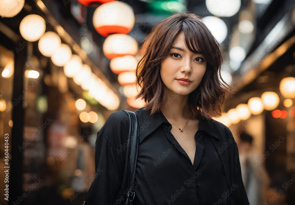 Woman with brown hair standing in a city street at night Woman with brown hair standing in a city street at night