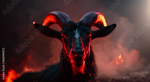black big horned goat with flames background