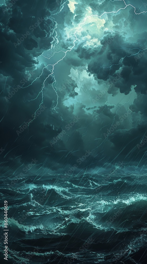 A stormy ocean with dark clouds and lightning generated by AI A stormy ocean with dark clouds and lightning generated by AI
