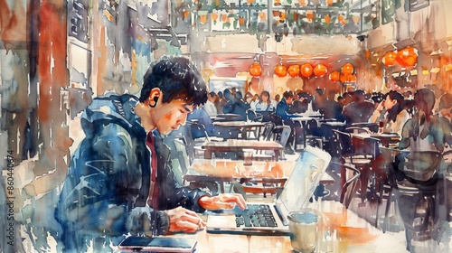 A young man is sitting in a crowded cafe, working on his laptop © pimmou