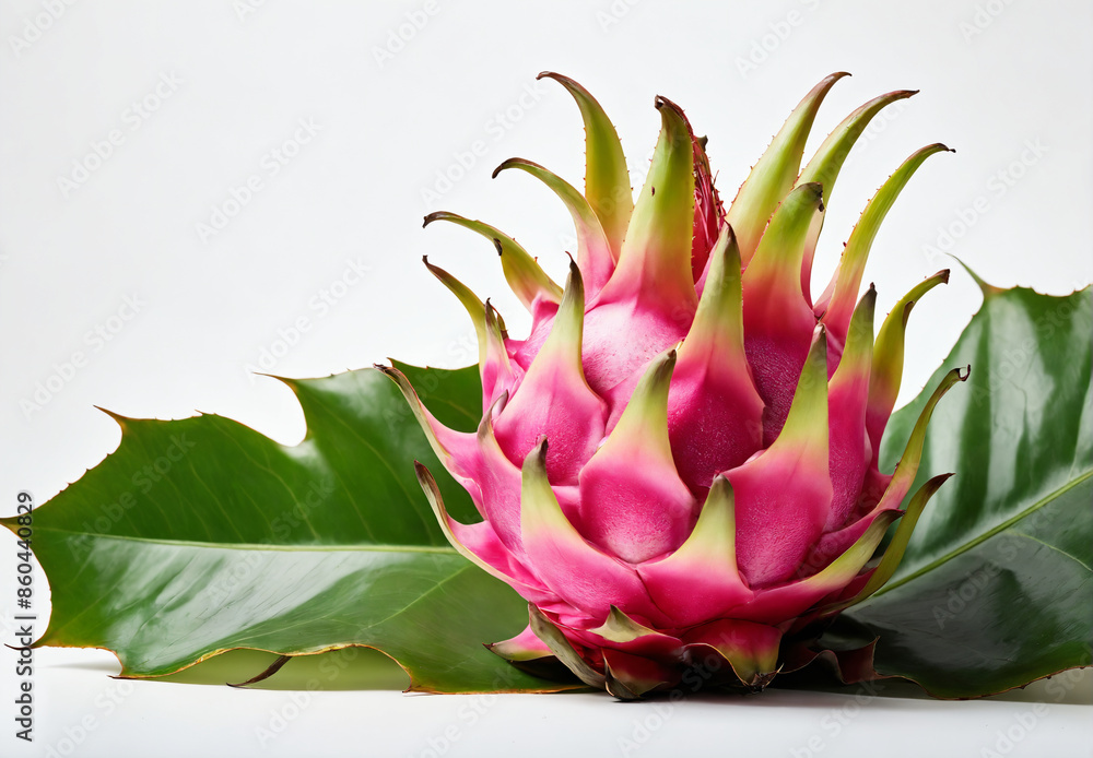 Close up of a freshly picked pink dragon fruit on green leaves Close up of a freshly picked pink dragon fruit on green leaves