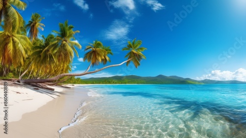 A serene tropical beach with white sand and clear blue waters, featuring tall palm trees leaning towards the ocean under a bright blue sky with few clouds.