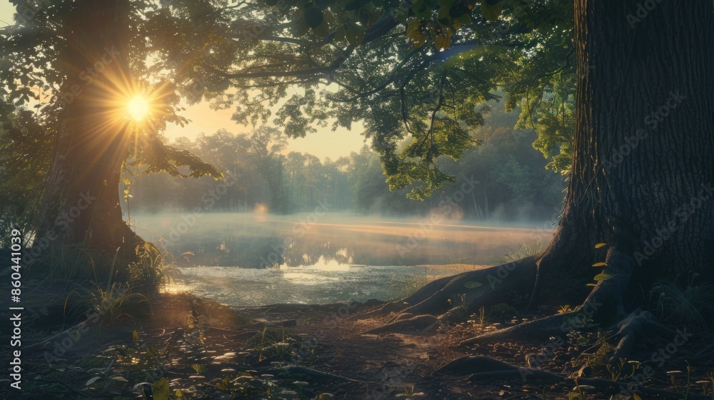 A tranquil forest scene at dawn, with sunlight breaking through the trees and mist rising from the calm lake, creating an ethereal and peaceful atmosphere in nature.