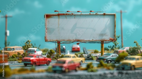 Vintage Cars on a Highway with an Empty Rusty Billboard