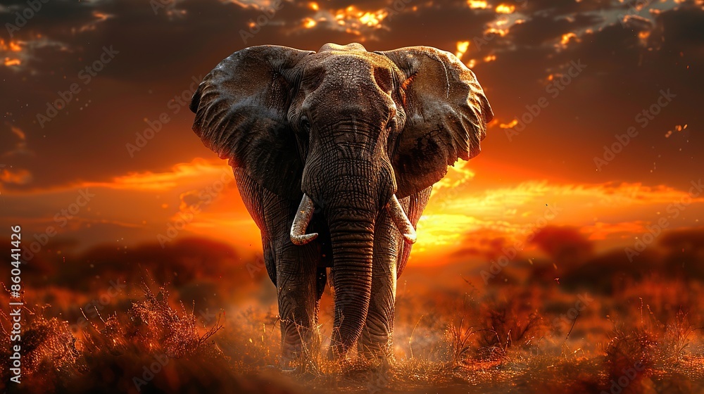 Fototapeta premium majestic elephant walking through the savanna at sunset