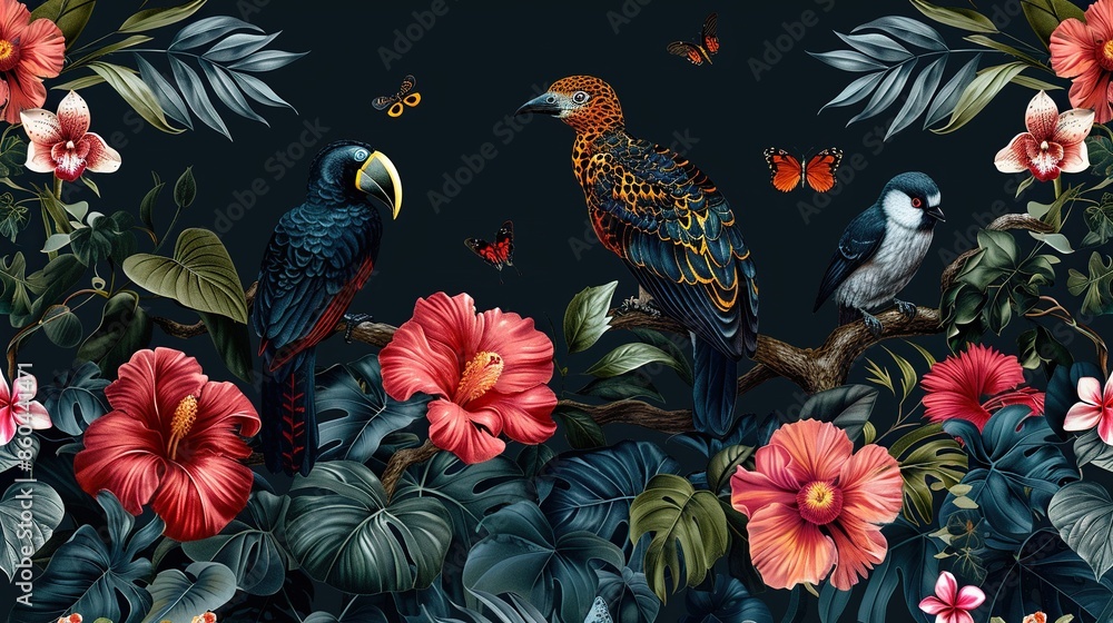 vibrant tropical flowers and birds dark background vibrant tropical flowers and birds dark background
