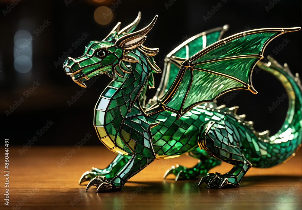 Fototapeta premium Green dragon figurine on wooden surface