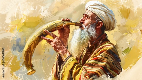 Attractive Young Jewish Boy Blowing Shofar photo