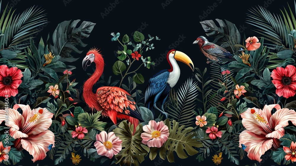 Obraz premium vibrant tropical leaves and flowers with two exotic birds, a scarlet ibis and a toucan
